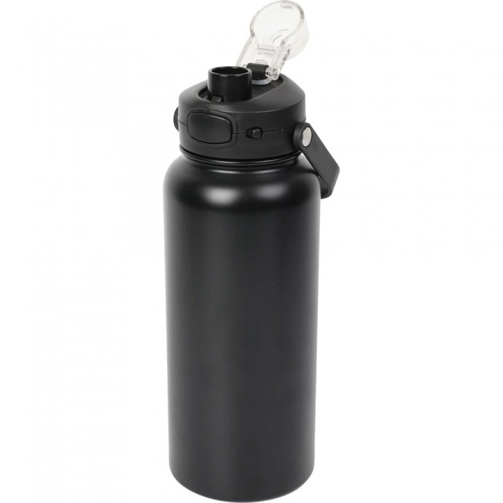 Siyah 1000 ml Kilitli Kapaklı Askılı Lazer Logo Baskılı Promosyon Termos